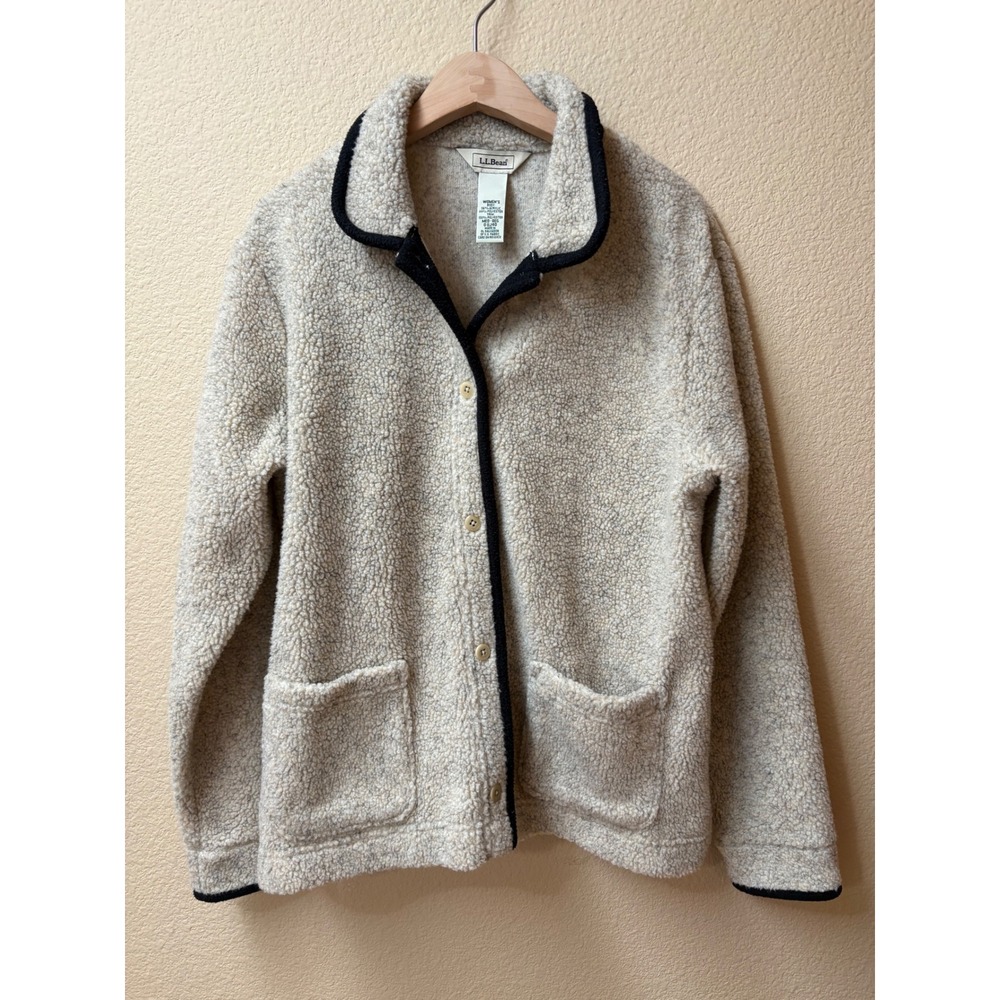 LL Bean Womens Sherpa Fleece Cardigan Jacket Oatmeal Heather Navy Trim Medium